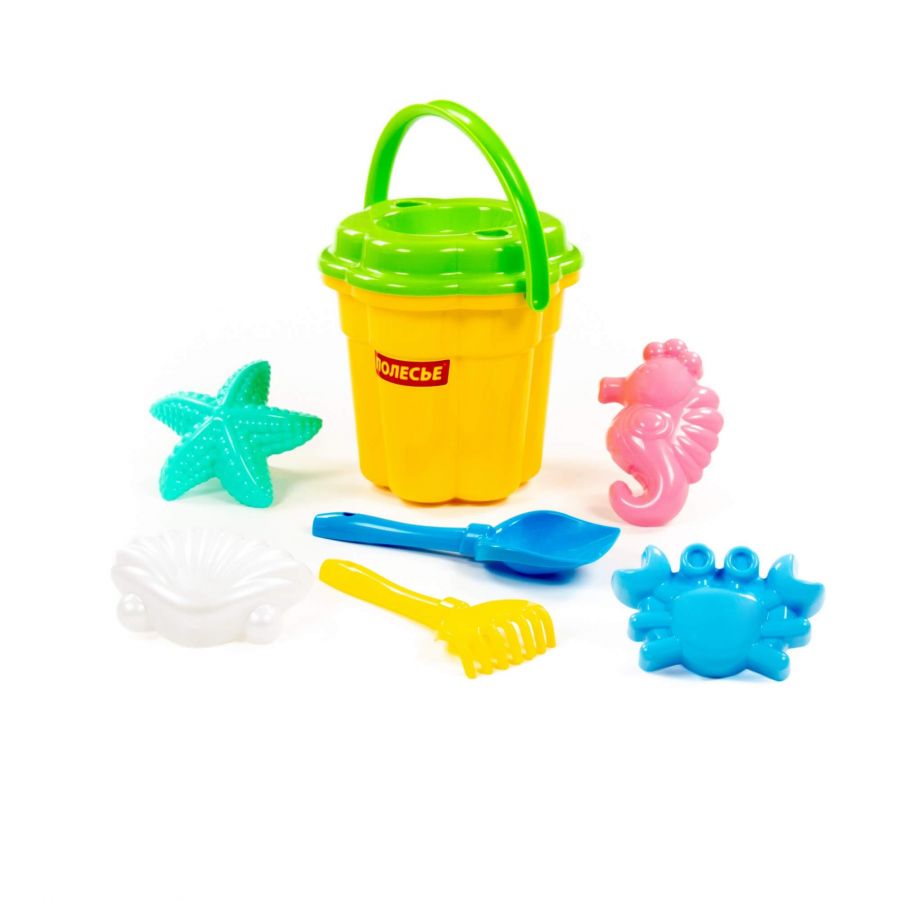 Набор №362: ведро-цветок большое, ситечко-цветок большое, лопатка №5, грабельки №5, формочки 4 шт