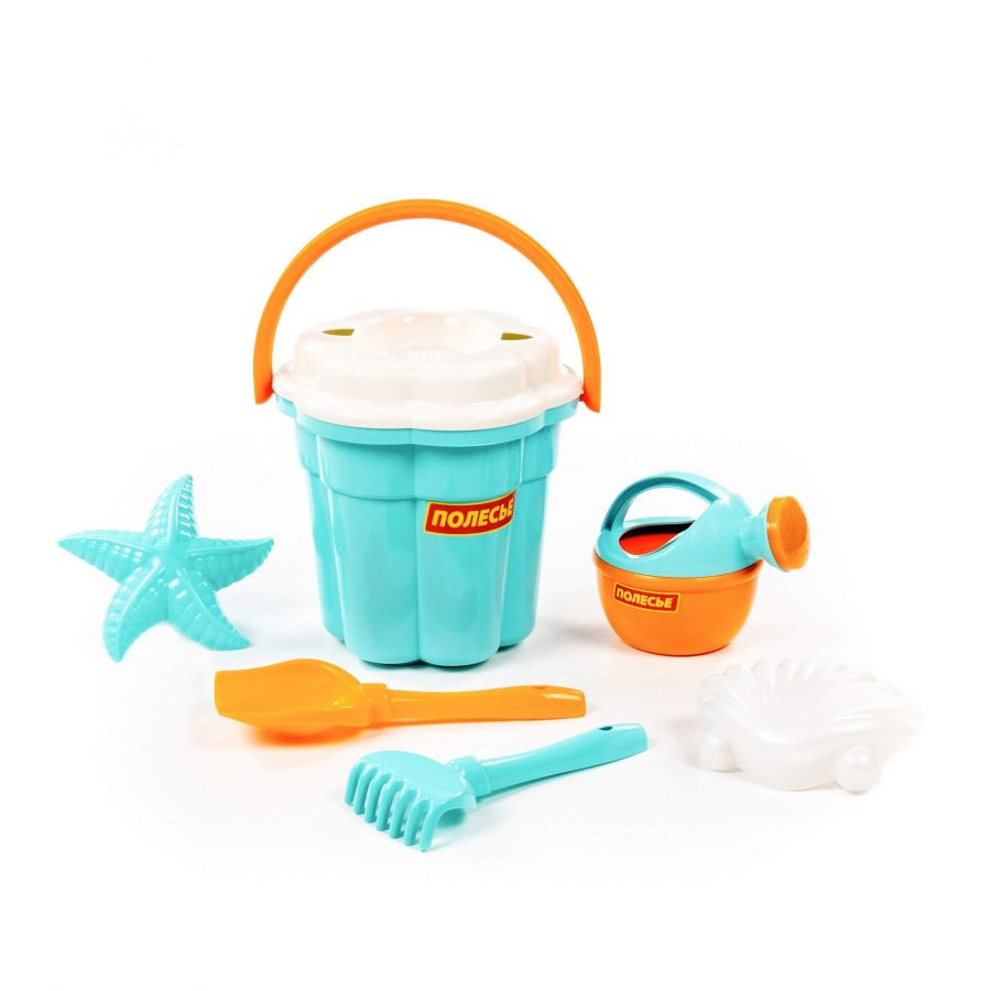 Набор №650 сафари: ведро-цветок большое, ситечко-цветок большое, лопатка №5, грабельки №5, формочки (ракушка №1 + морская звезда №2), лейка малая №4