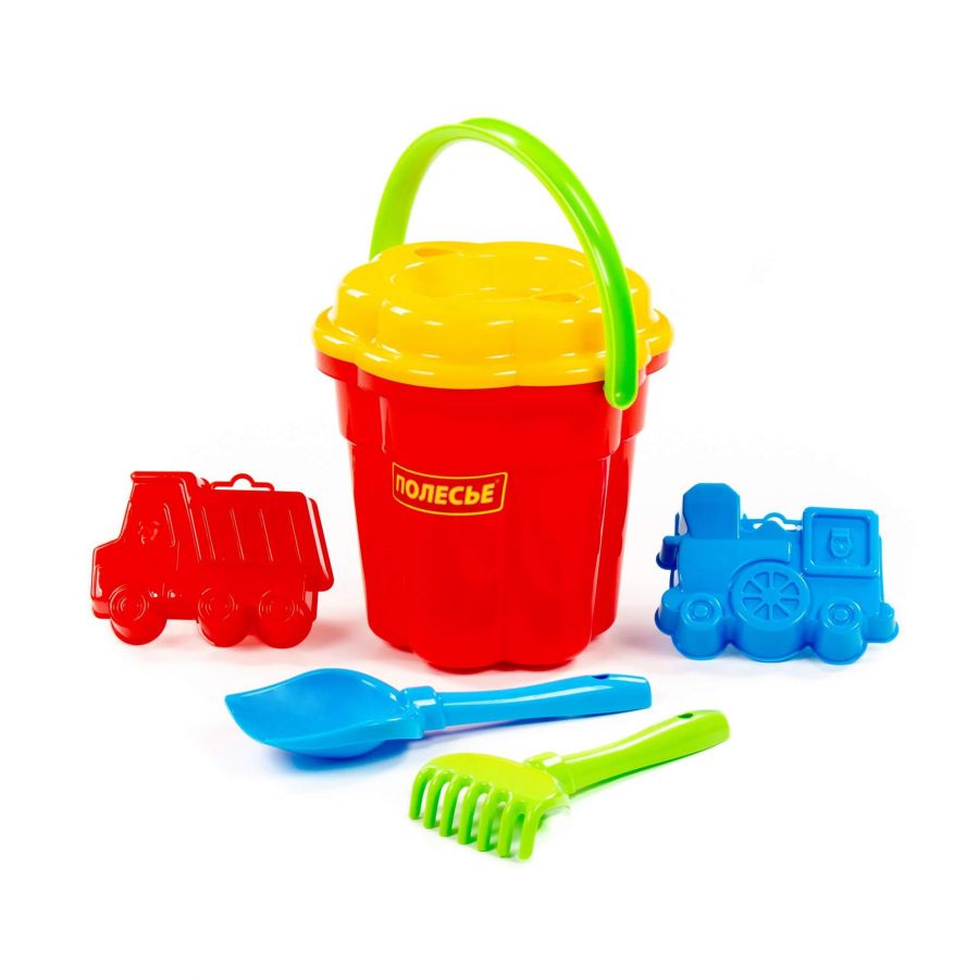 Набор №76: ведро-цветок большое, ситечко-цветок большое, лопатка №5, грабельки №5, формочки (самосвал + паровоз)