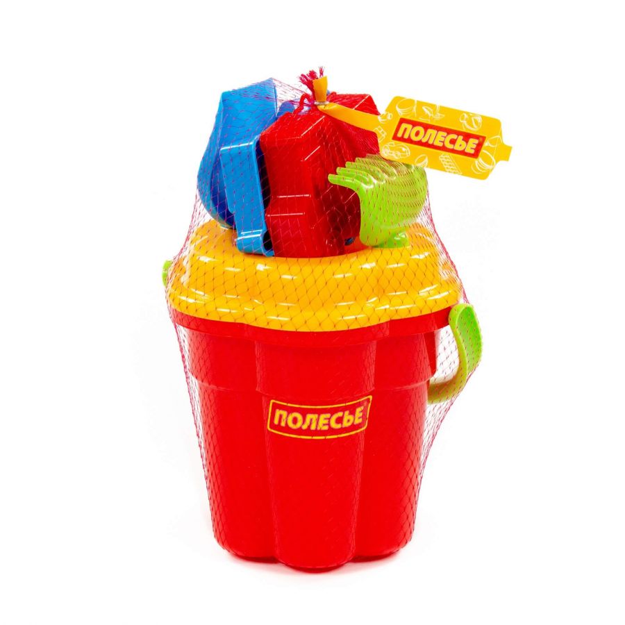 Набор №76: ведро-цветок большое, ситечко-цветок большое, лопатка №5, грабельки №5, формочки (самосвал + паровоз)