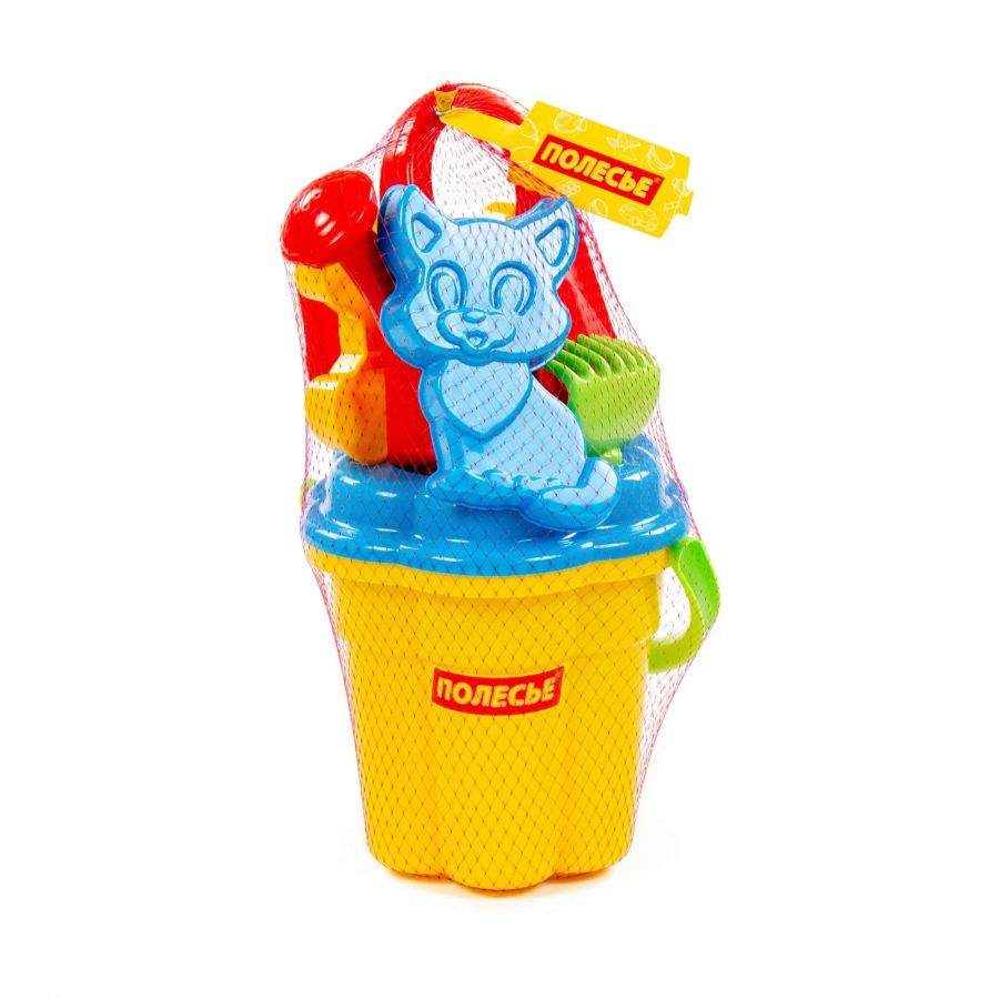 Набор №97: ведро-цветок большое, ситечко-цветок большое, лопатка №5, грабельки №5, формочки (котёнок + медведь), лейка большая