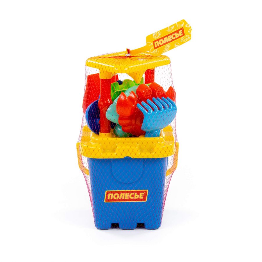 Набор №283: песочная мельница №2 с основанием ситечко-крепость большое №2, ведро-крепость большое, лопатка №5, грабельки №5, формочки 3 шт