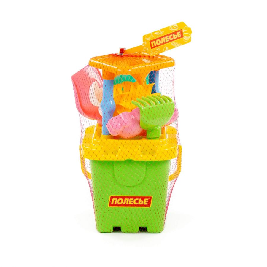 Набор №283: песочная мельница №2 с основанием ситечко-крепость большое №2, ведро-крепость большое, лопатка №5, грабельки №5, формочки 3 шт