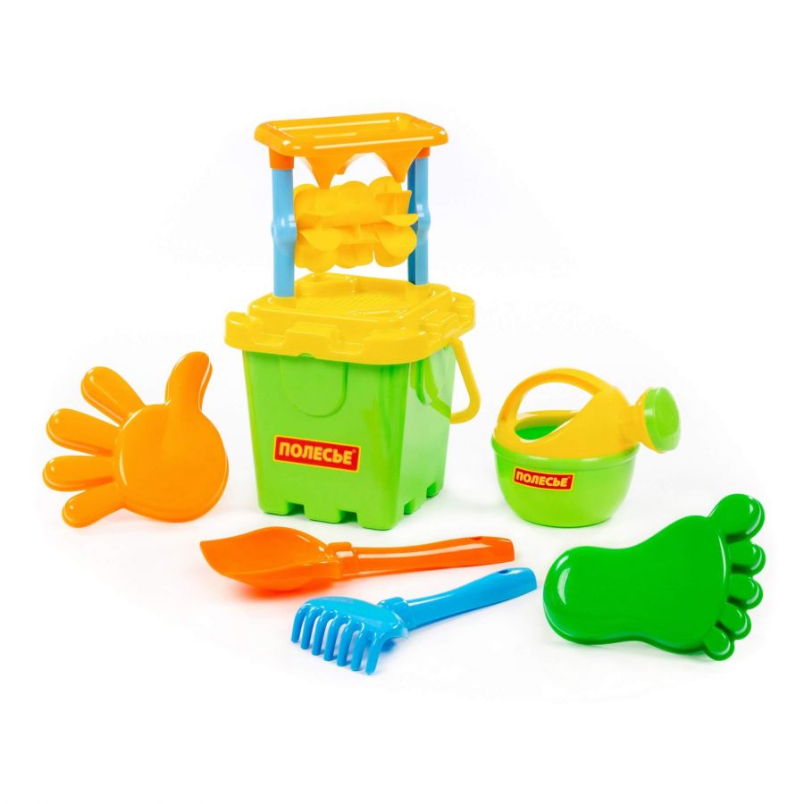 Набор №286: песочная мельница №2, ведро-крепость большое, лопатка №5, грабельки №5, формочки (ладошка + ножка), лейка малая №4