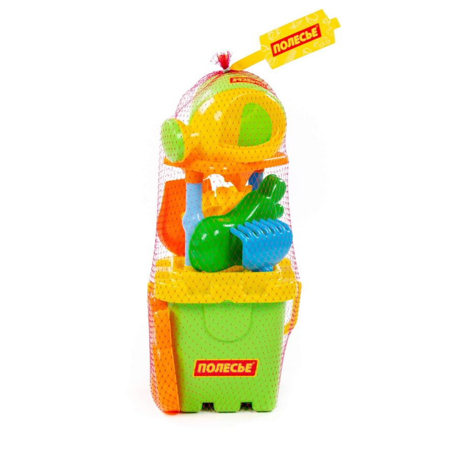 Набор №286: песочная мельница №2, ведро-крепость большое, лопатка №5, грабельки №5, формочки (ладошка + ножка), лейка малая №4