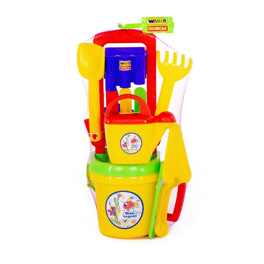 Набор №457: песочная мельница №4, ведро №9, лопатка №31, грабельки №31, формочки "Фрукты" 3 шт, лейка №10, набор каменщика №5