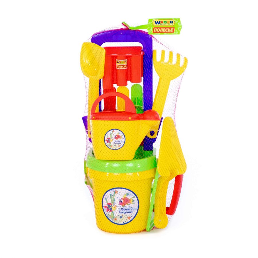 Набор №457: песочная мельница №4, ведро №9, лопатка №31, грабельки №31, формочки "Фрукты" 3 шт, лейка №10, набор каменщика №5