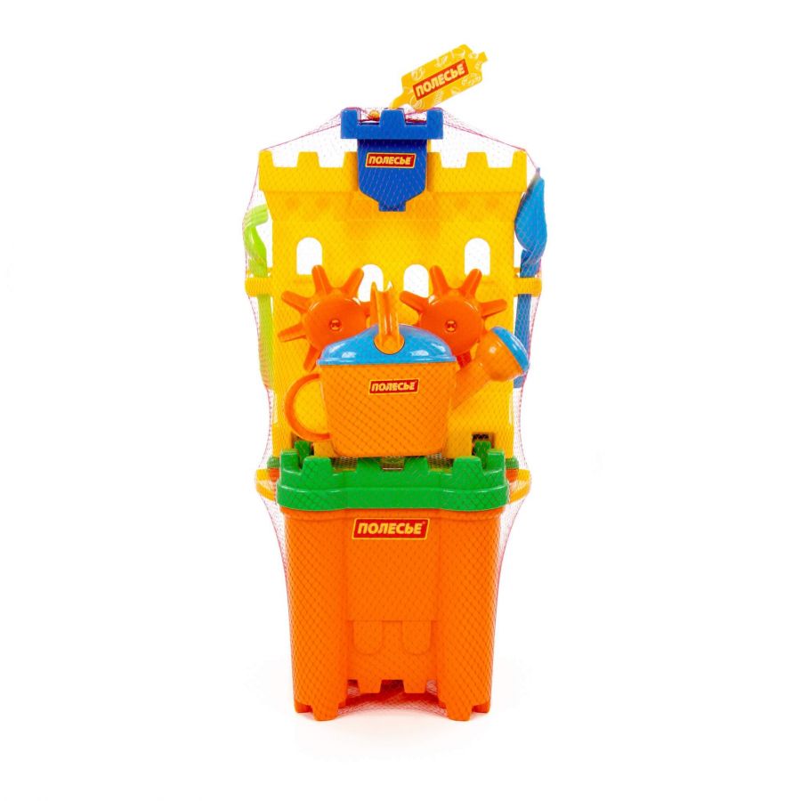 Набор №468: песочная мельница "Крепость", ведро-крепость "Макси", сито-крепость "Макси", лопатка №5, грабельки №5, лейка №8