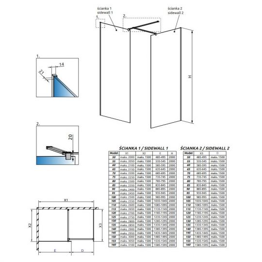 Стеклянная душевая перегородка Walk-in Radaway Modo New Black III Frame с черными перегородками 110х110 см схема 2